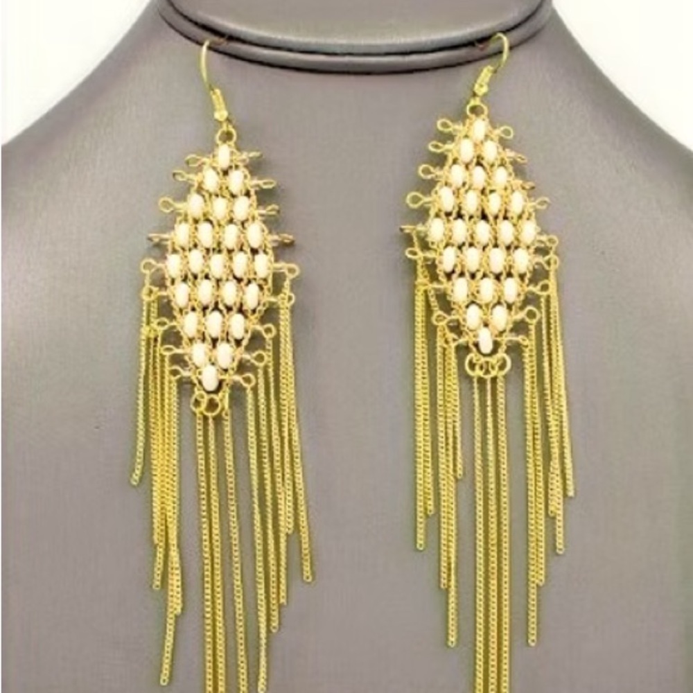 Statement Yellow Metal and White Bead Fringe Earrings (pierced)
(New)